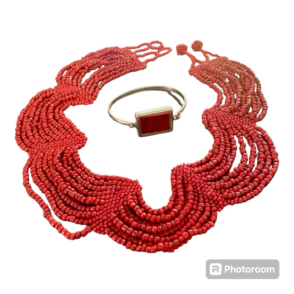 Red Jasper/Sterling bracelet & hand beaded necklace w/button clasp beautiful set